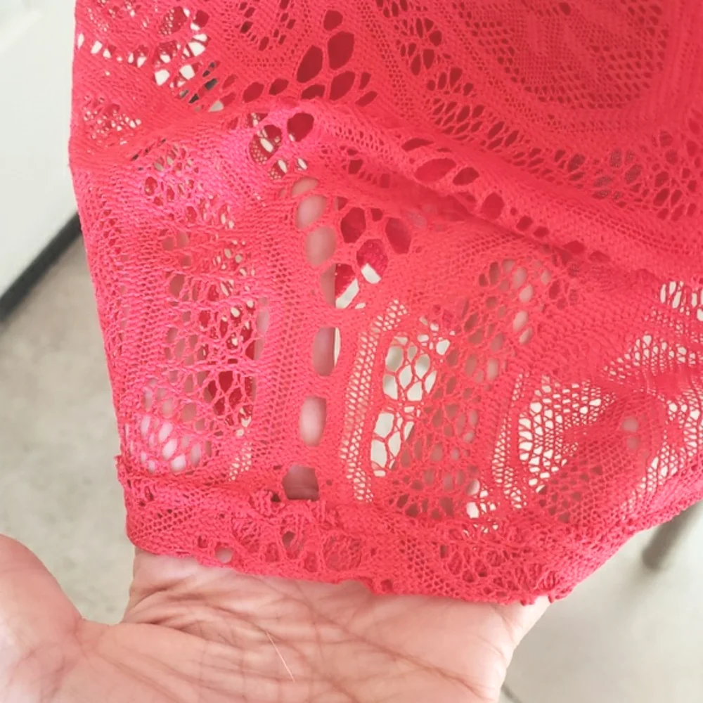 VINTAGE 90's Coral Red Crochet Lace Short Sleeve Shift Dress Tunic SMALL